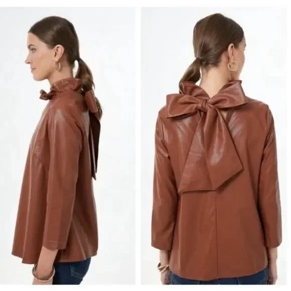 Tuckernuck Top Womens Small Brown Faye Faux Leather Blouse Ruffle Minimal Luxury - Picture 7 of 7